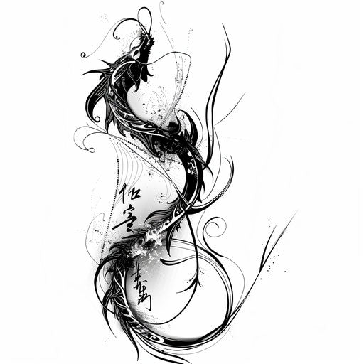 Dynamic composition of a unalome tattoo merging with a dragon