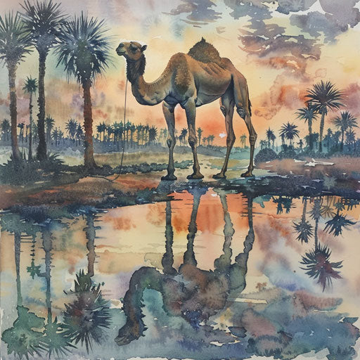 Camel reflection in oasis at sunset