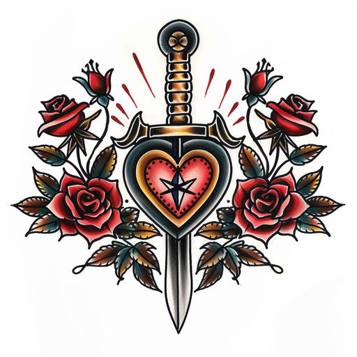 Navy tattoo with heart, dagger, and roses - old school style