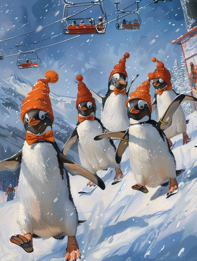 Penguins skiing and snowboarding in resort with hats and bow ties