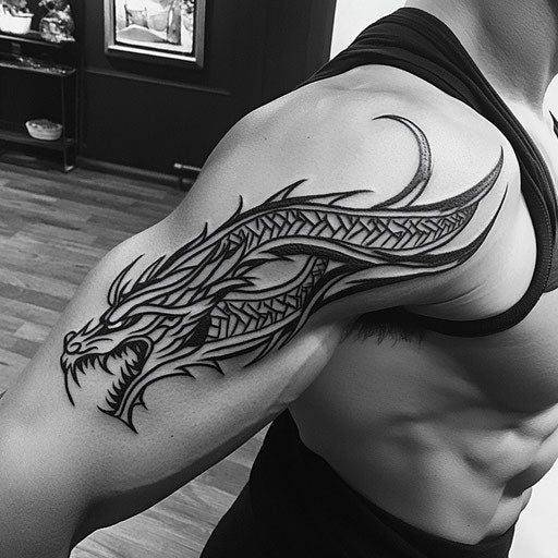 Tribal tattoos for men with a tribal dragon head emerging from the bicep in the style of Humberto Ramos