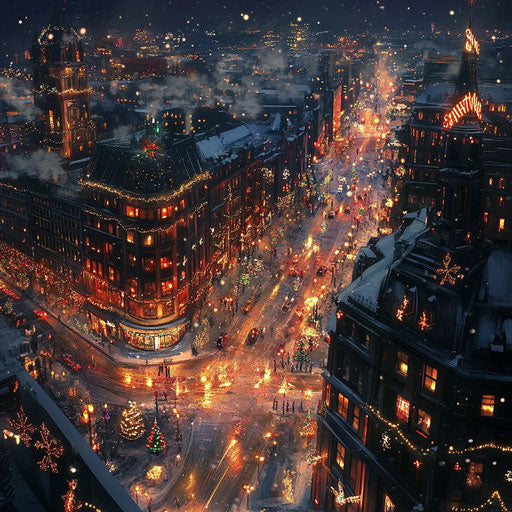 Panoramic view of city shining with Christmas lights