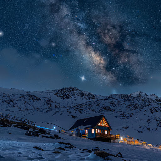 Mountain shelter under a starry sky, in the style of Erez Marom
