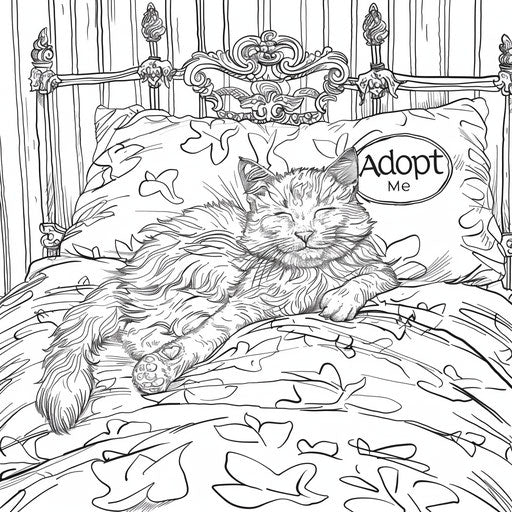 Whimsical scene of a kitten sleeping in a bed with an 'Adopt Me' pillow. Coloring book page