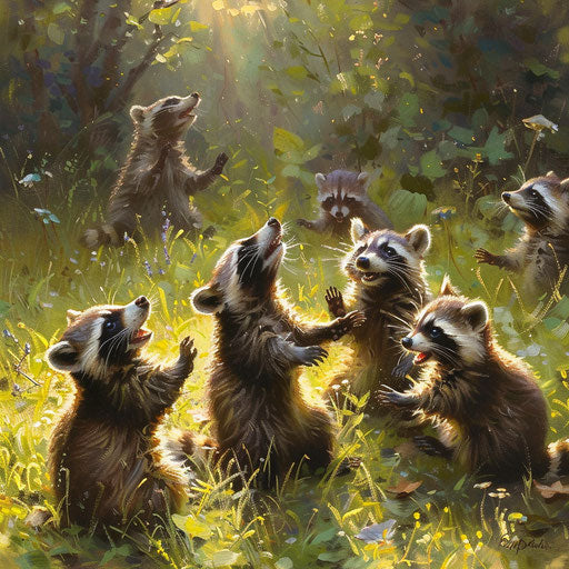 Raccoons playing in a sunny meadow