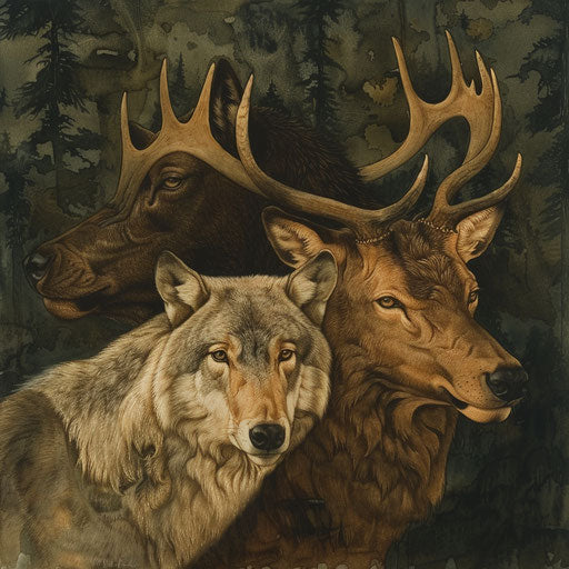 An elk and a wolf in peaceful coexistence, symbolizing harmony