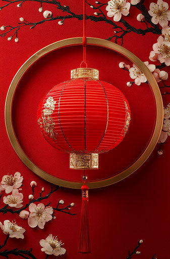 Red lantern surrounded by plum blossoms and gold decorations