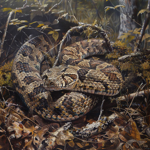 Rattlesnake striking prey in underbrush