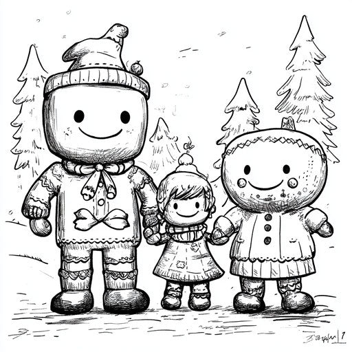Cartoonish gingerbread family, Butch Hartman style, coloring page