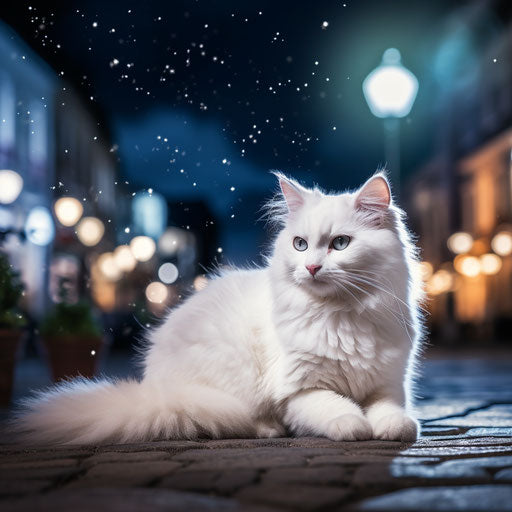 White cat laying outside at night