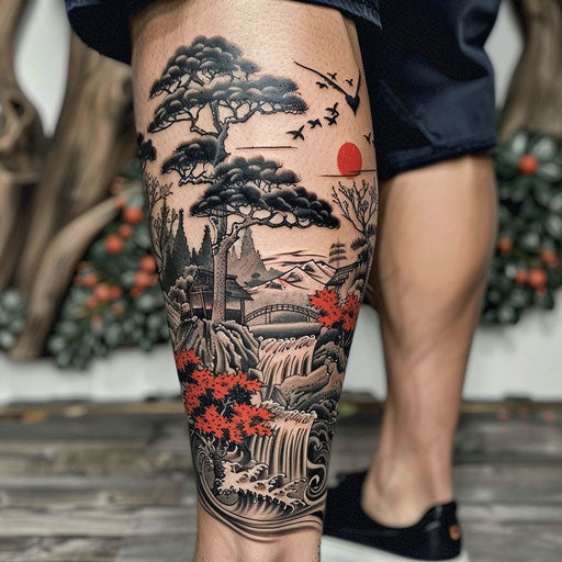Calf tattoo with Japanese influences, in the style of Ami James