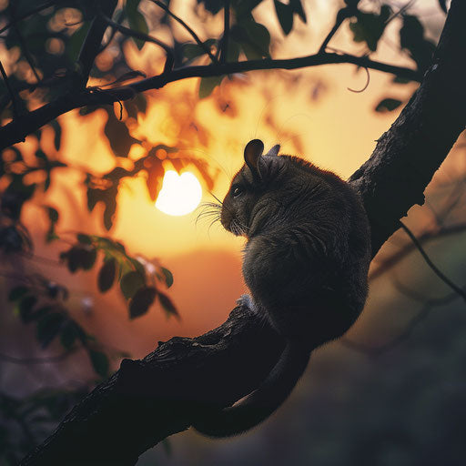Chinchilla watching sunrise from tree branch