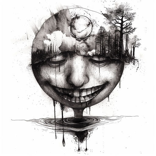Surrealist smiley face tattoo artwork, dream-like imagery, on white