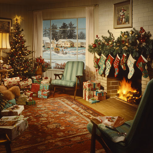 1950s Living Room on Christmas Eve, Crackling Fireplace