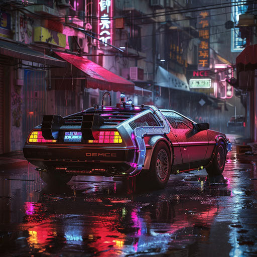 Cyberpunk Delorean DMC-12 with augmented reality display in rainy alley