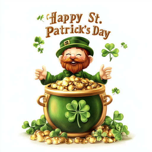 St. Patrick's Day Sublimation, Leprechaun pot of gold with clover wreath and text 'Happy St. Patrick's Day' on transparent background