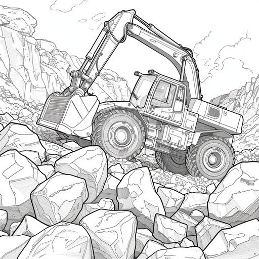 Bulldozer at work in a quarry, moving large rocks. Coloring book page