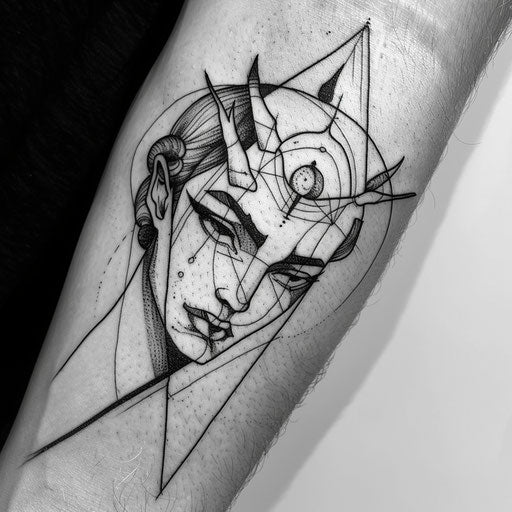 Bold tattoo sketch of Artemis with sharp, angular features and strong outlines