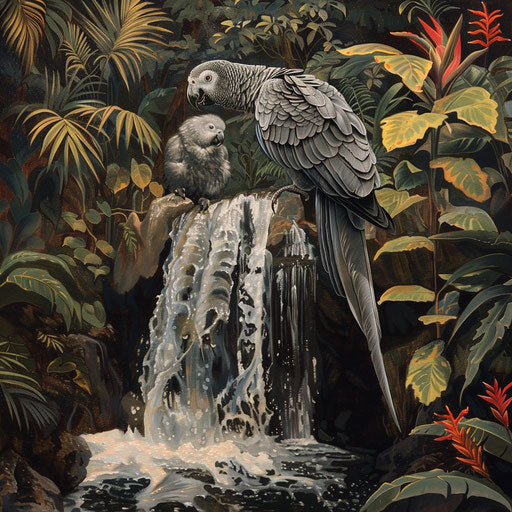 African grey parrot on a waterfall in a hidden jungle oasis