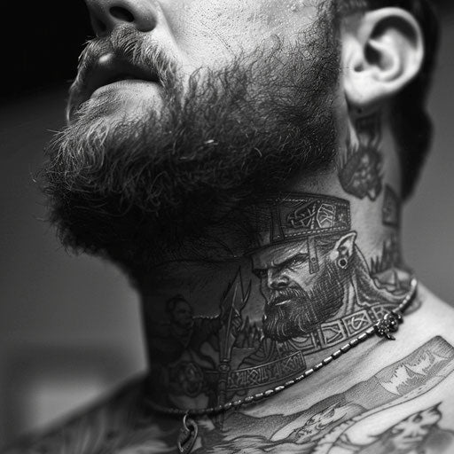 Neck tattoo for men depicting epic fantasy warriors