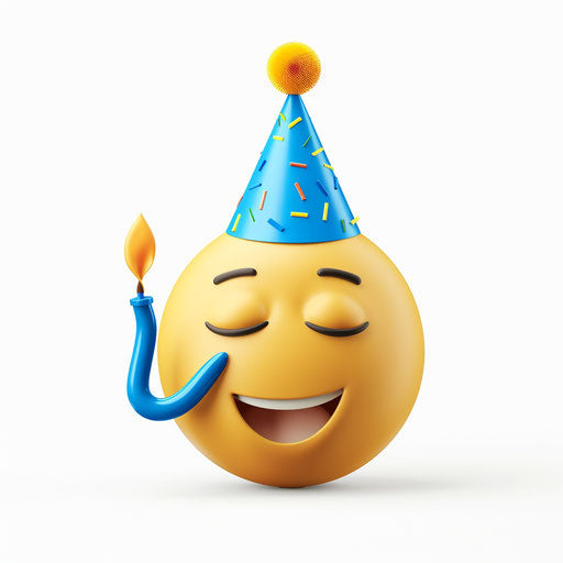 Yellow face blowing party blower, blue party hat