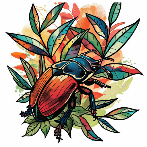 Nature-inspired tattoo sketch of a beetle crawling over leafy greens in a vibrant clipart style