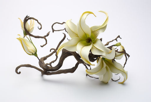Vanilla flower on white background with leaves, light green and dark amber style