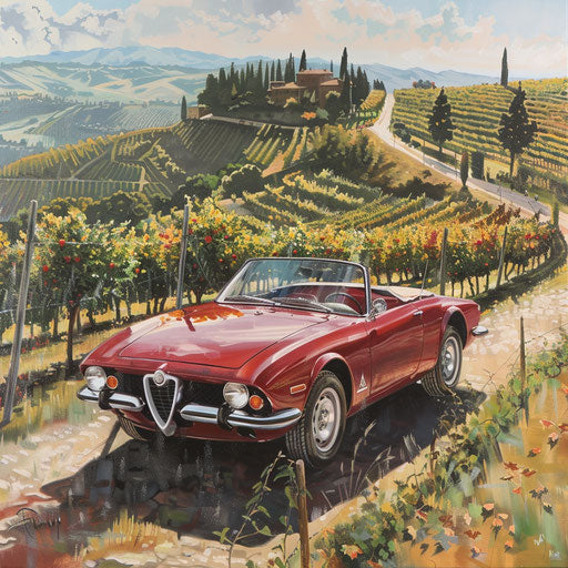 Shining Alfa Romeo Alfasud roadster under the Tuscan sun, surrounded by rolling vineyards