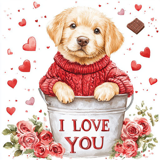 Adorable golden retriever puppy in bucket of roses and hearts