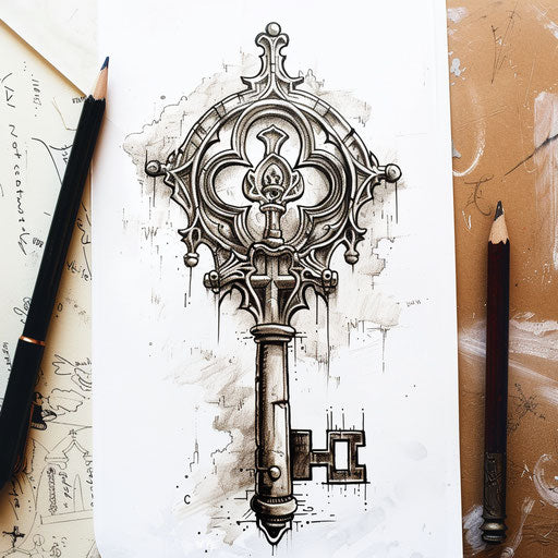 Historical sketch of an old church key with Gothic arches