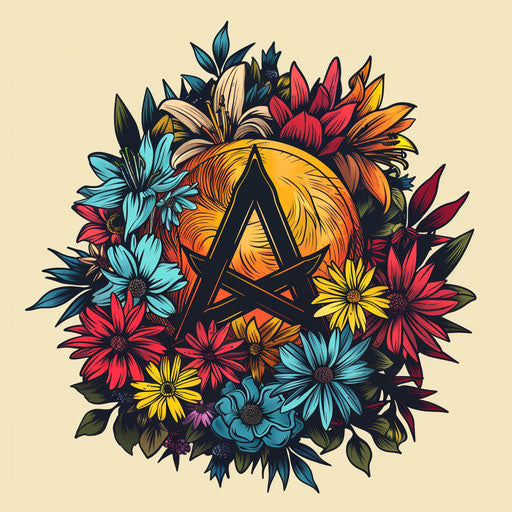 Anarchy symbol surrounded by wildflowers, vibrant colors
