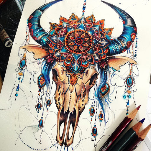 Bohemian tattoo sketch cow skull mandala jewel tones