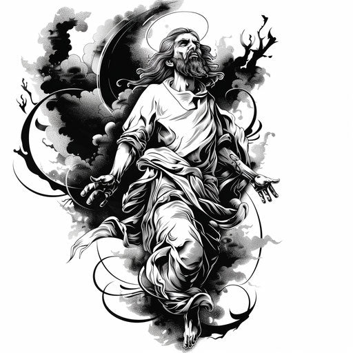 Flat black and white tattoo sketch of the Ascension