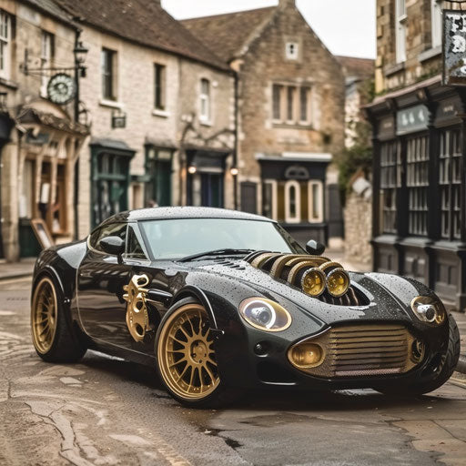 Steampunk Aston Martin DB7 Zagato with brass fittings and gears, parked in an old Victorian town