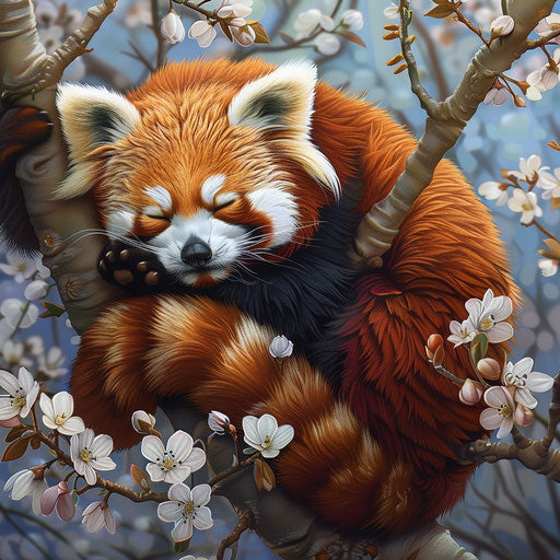Red panda in flowering tree in spring