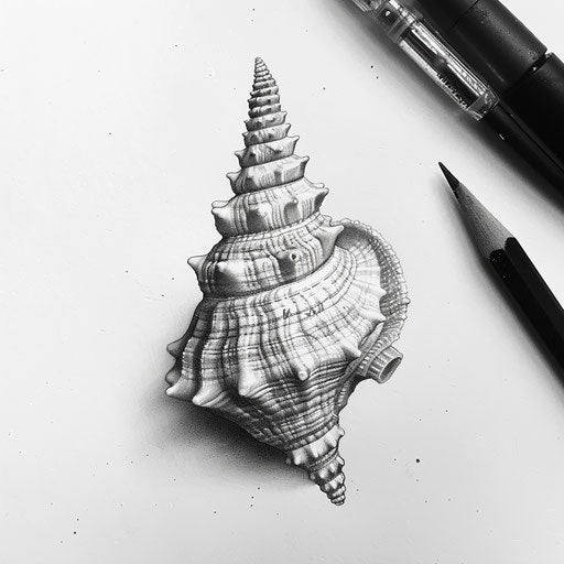 Flat tattoo sketch of a micro realism seashell with detailed texture and shading