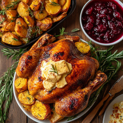 Thanksgiving feast with sweet potatoes, turkey and cranberry sauce