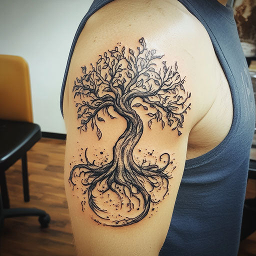 Men's upper arm tattoos with a tree of life