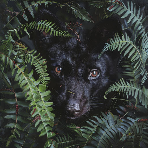 The intense gaze of a Tasmanian devil camouflaged among ferns and foliage.