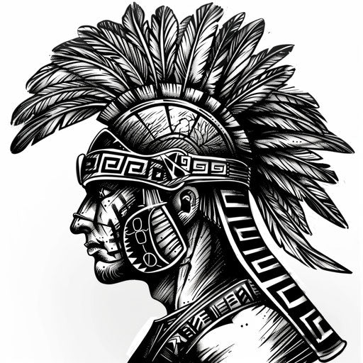 Aztec warrior tattoo vintage woodcut white background
