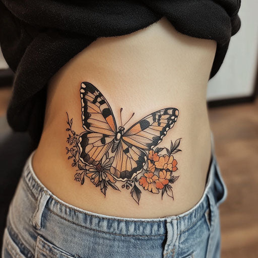 Side tattoo in the style of Maria Sibylla Merian with butterfly and floral motif