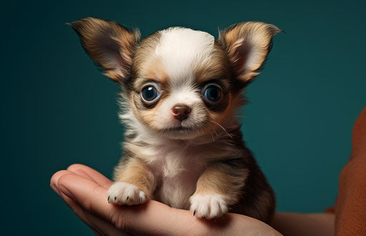Brown and white chihuahua puppy holding a toy, light red and teal style, masculine, pretty 17:11