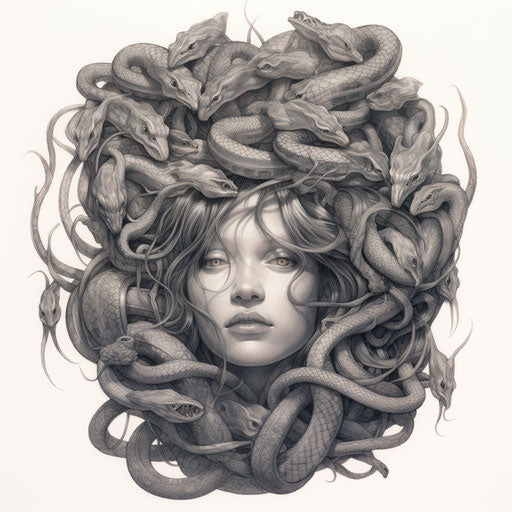 Woman's head surrounded by snakes, ambient occlusion style