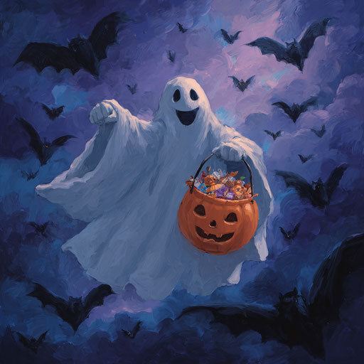 Playful Ghost with a Candy Bucket for Halloween