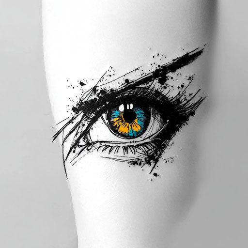 Eye tattoo sketch on arm with abstract brushstroke accents