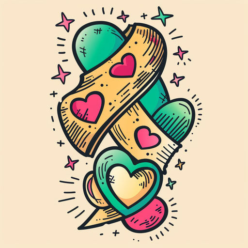 Vivid and colorful flat tattoo sketch of a bandage with pink hearts and green cross patterns