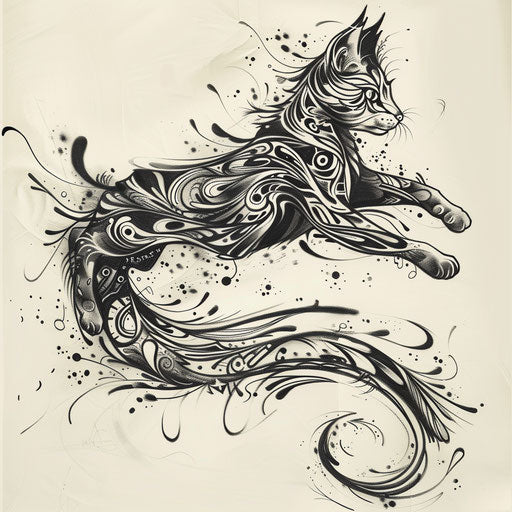 Dynamic tattoo sketch of a leaping cat filled with cosmic patterns