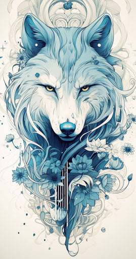 Wild wolves, beautiful symbols of nature, navy and cyan drawing