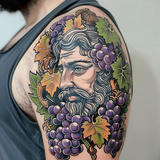Vibrant and colorful tattoo of Dionysus with grapes and wine