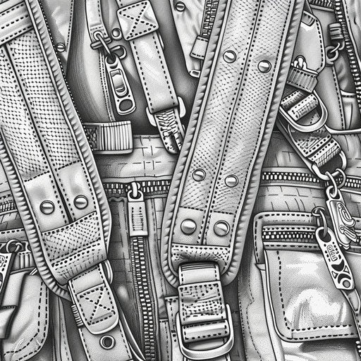 Zippers and buckles of a backpack. Coloring book page